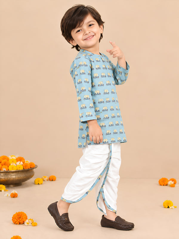 Polka Tots Cotton Full Sleeve Auto Rickshaw Angrakha Top With Dhoti - Blue