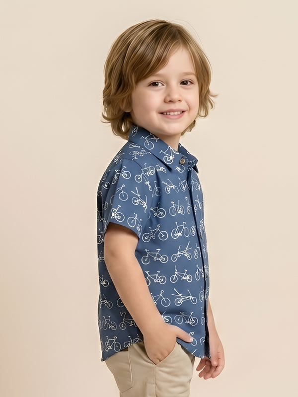 Polka Tots Half Sleeve Shirt Cycle Print - Blue