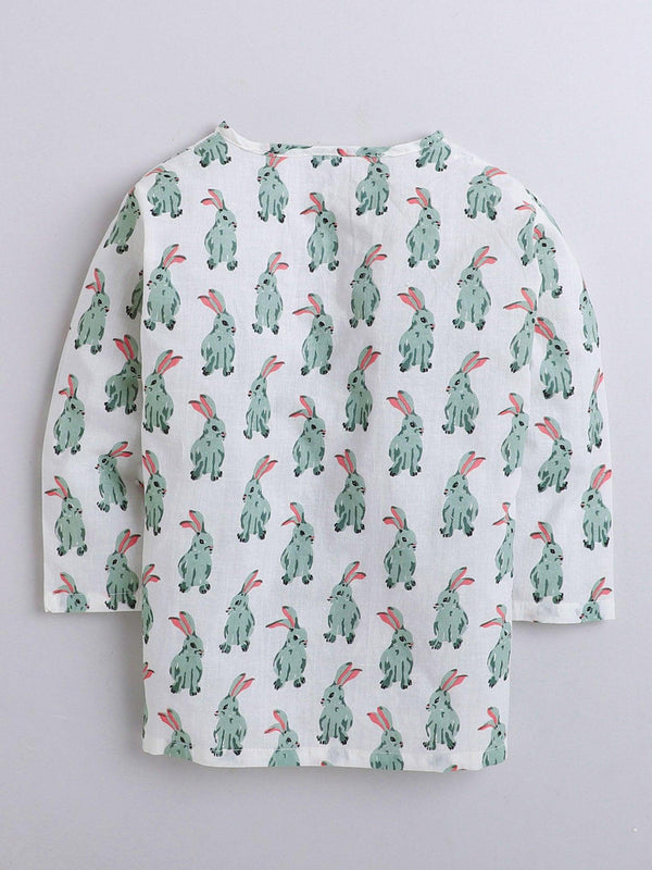 Polka Tots Rabbit print Full sleeves Nightwear Kurta pyjama set - White
