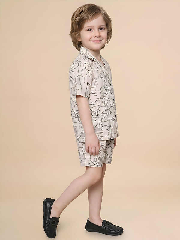 Polka Tots Half Sleeves Abstract print co-ord set - Cream
