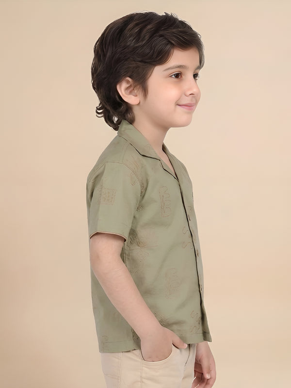 Polka Tots Half Sleeves Embroidered Shirt - Green