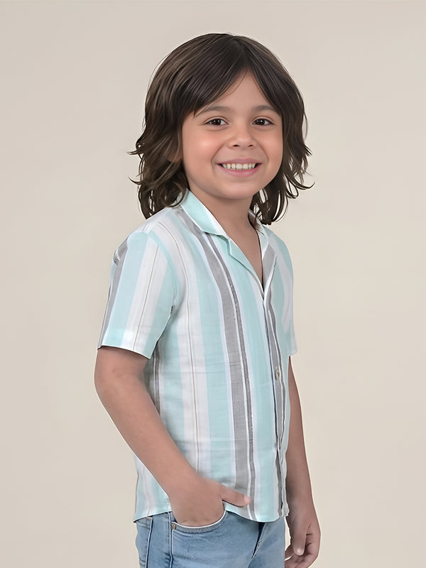 Polka Tots Half Sleeves Stripes Shirt - Aqua Blue and Grey