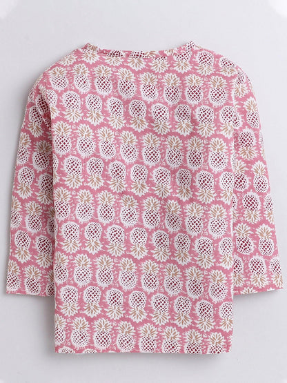 Polka Tots Pineapple print Full sleeves Nightwear Kurta pyjama set - Pink