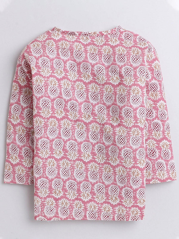 Polka Tots Pineapple print Full sleeves Nightwear Kurta pyjama set - Pink