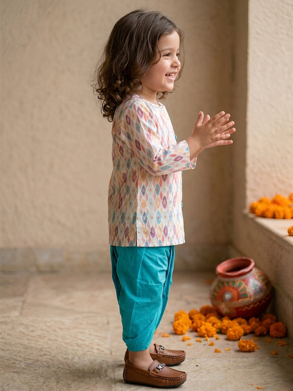 Polka Tots Full Sleeve Abstract print Angrakha With Dhoti - Turquoise Blue
