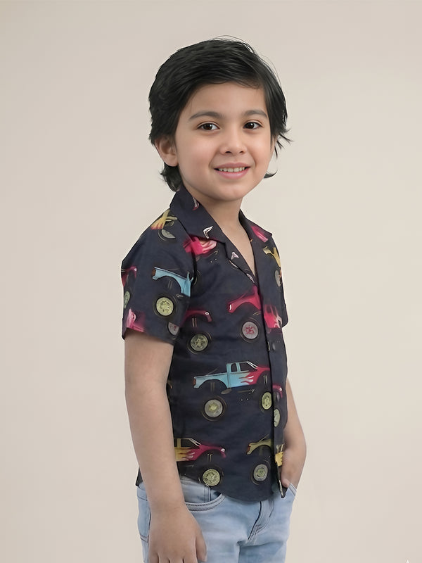 Polka Tots Half Sleeves Jeep print Shirt - Black