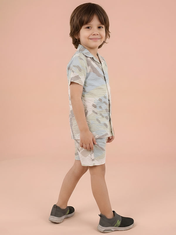 Polka Tots Cotton Half Sleeves Shirt With Shorts/Co-ord - White
