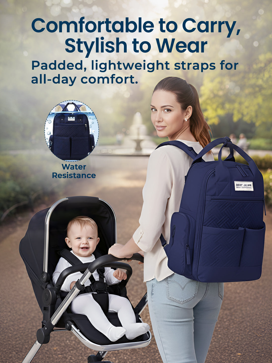 Woman pushing a stroller with a baby and carrying a navy blue backpack in a park.