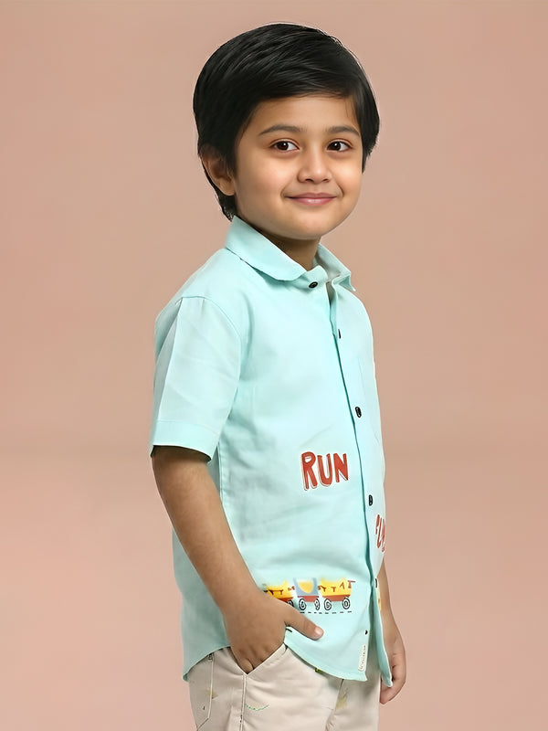 Polka Tots Half Sleeves Run Fun Print Shirt- Sea Green