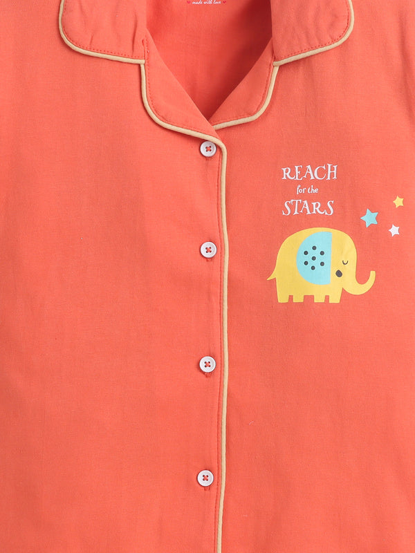 Polka Tots Half sleeves Starry Elephant Print  Night Suit - PEACH
