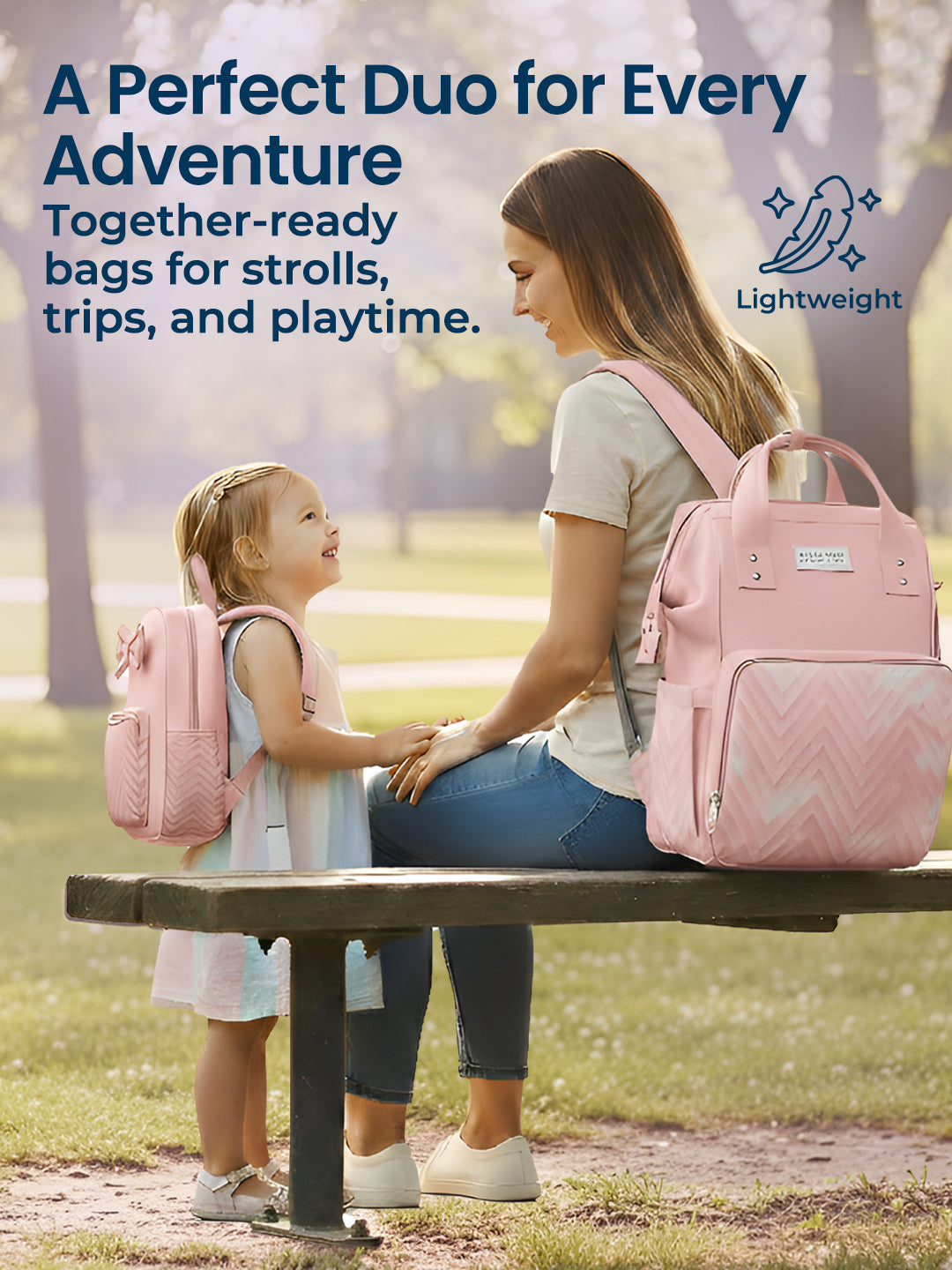 Woman and child sitting on a bench with pink backpacks, promotional text about bags for strolls and trips.