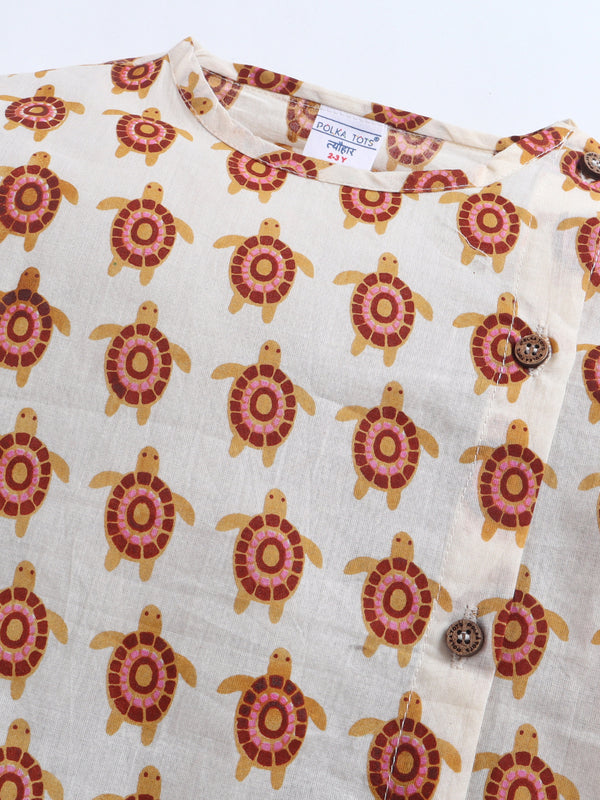 Polka Tots Turtle Print Angrakha Top With Dhoti - Multicolour
