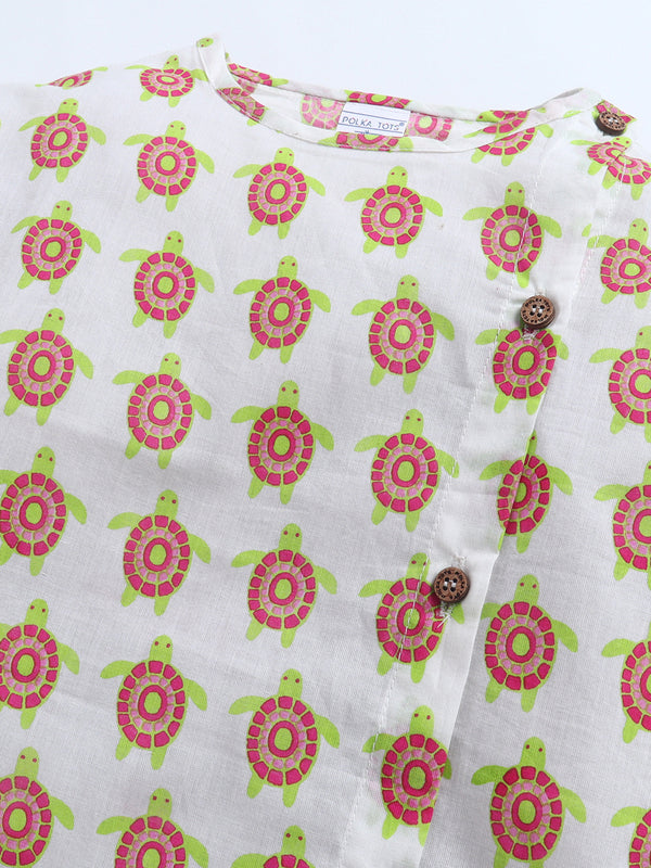 Polka Tots Turtle Print Angrakha Top With Dhoti - Multicolour