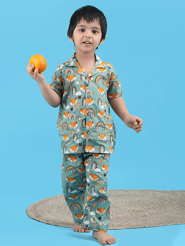 Polka Tots Half Sleeve Fox print Night Suit - Green