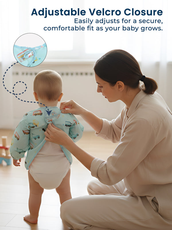 Full Sleeves Washable Waterproof Apron Feeding Bib for Babies (Car)