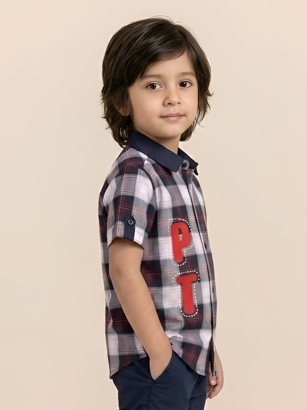 Polka Tots Half Sleeve Checks Kids Shirt PT Rubber Print - Black