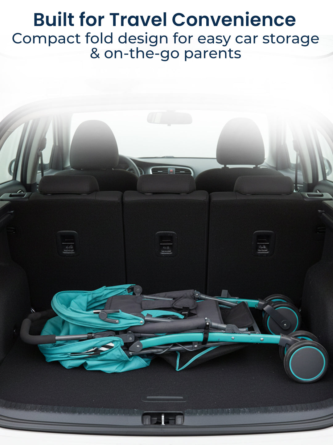 Compact stroller folded and stored in a car trunk with text about travel convenience.