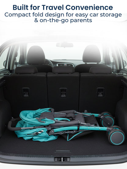 Compact stroller folded and stored in a car trunk with text about travel convenience.