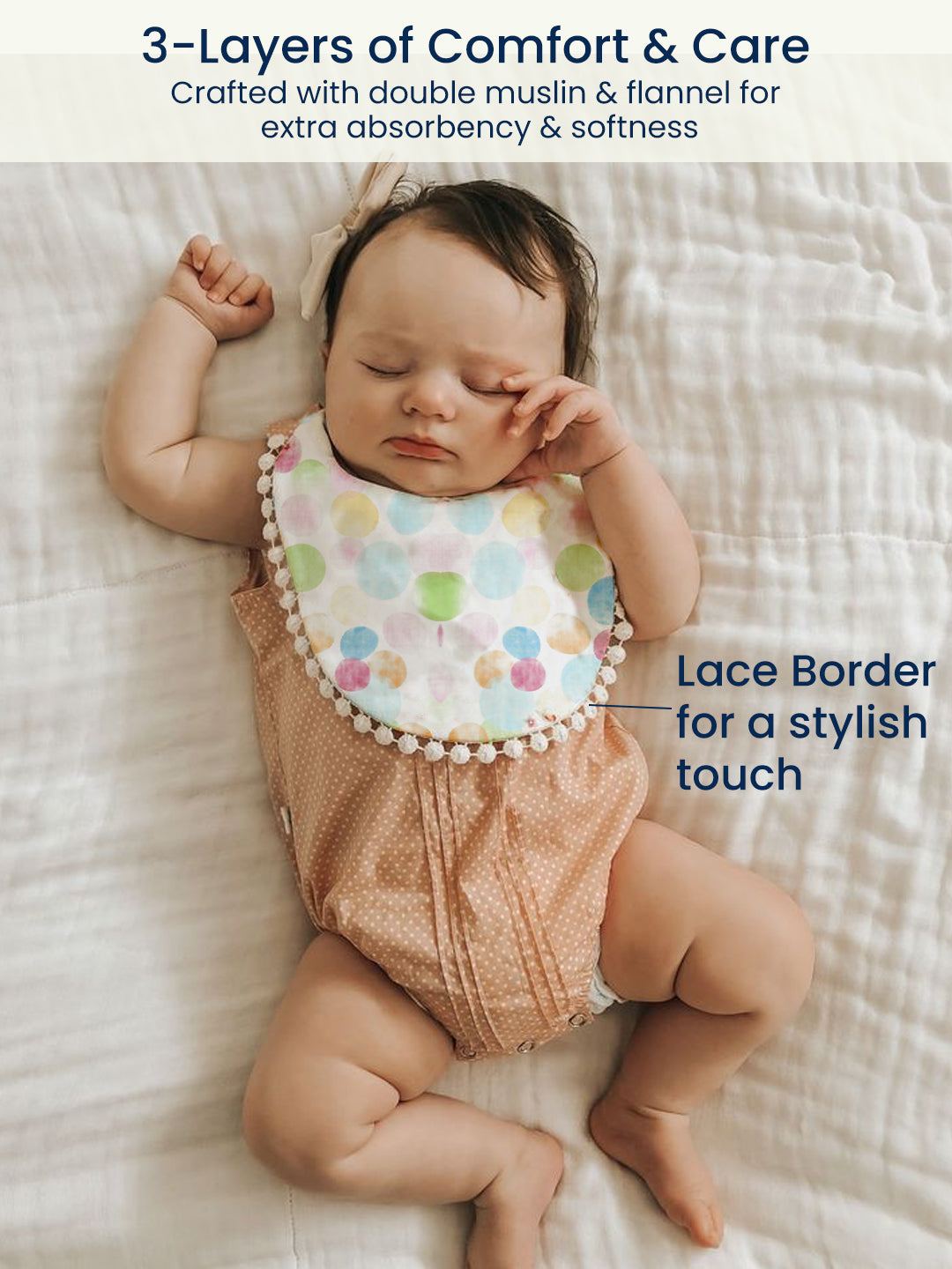 Polka Tots Newborn Pack of 3 100% Soft Muslin Cotton Bib Set with Pom-Pom Lace