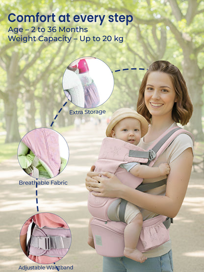 Woman holding a baby in a pink carrier with features highlighted on a natural background