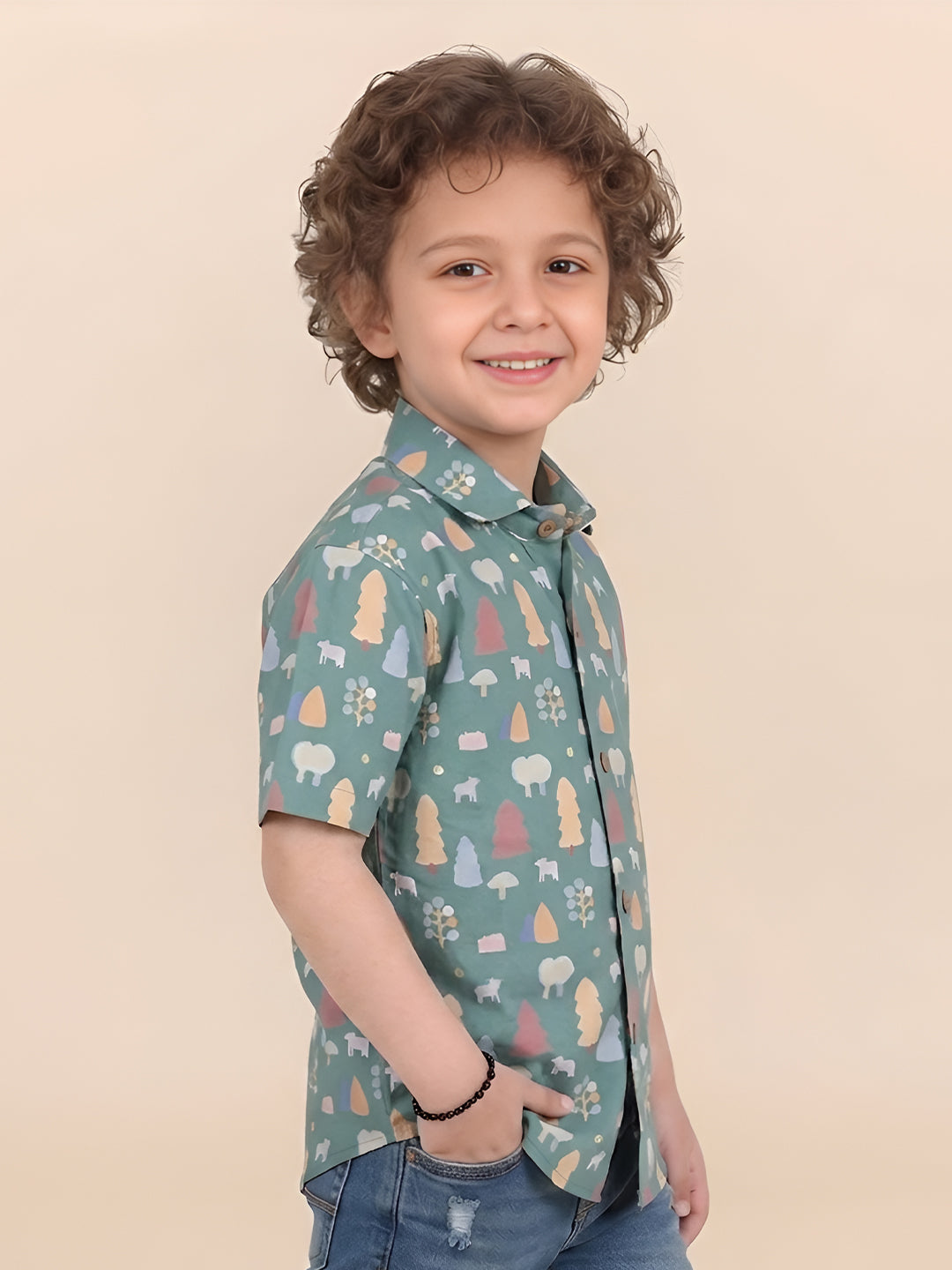 Polka Tots Half Sleeves Trees print Shirt - Dark Green