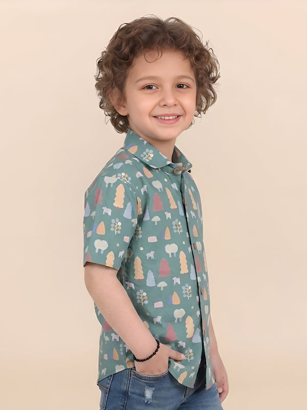 Polka Tots Half Sleeves Trees print Shirt - Dark Green