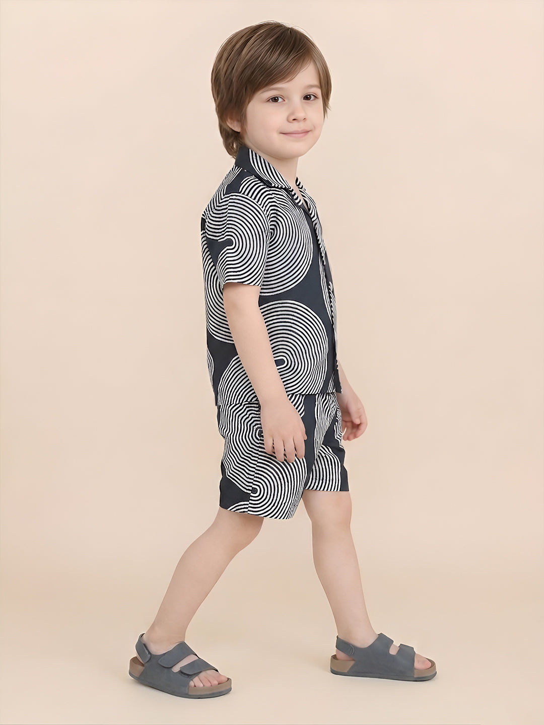 Polka Tots Half Sleeves Geometric print Co-ords - Navy