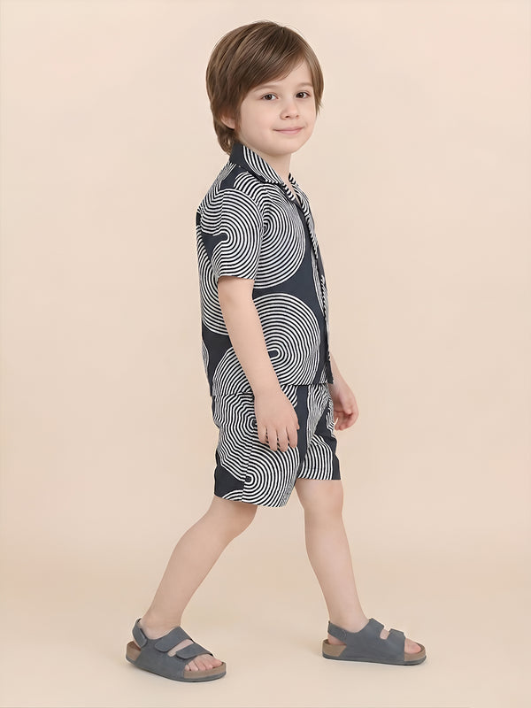 Polka Tots Half Sleeves Geometric print Co-ords - Navy