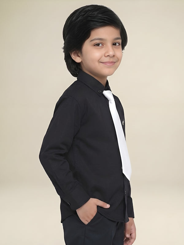 Polka Tots Full Sleeves Cotton self textured Shirt with Tie - Black
