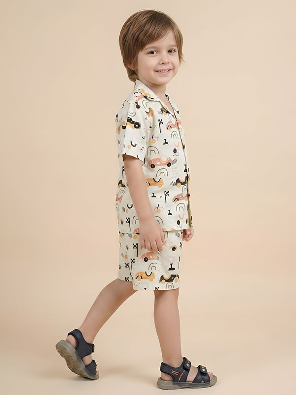 Polka Tots Half Sleeves Racing car print Shirt Shorts - Light Green