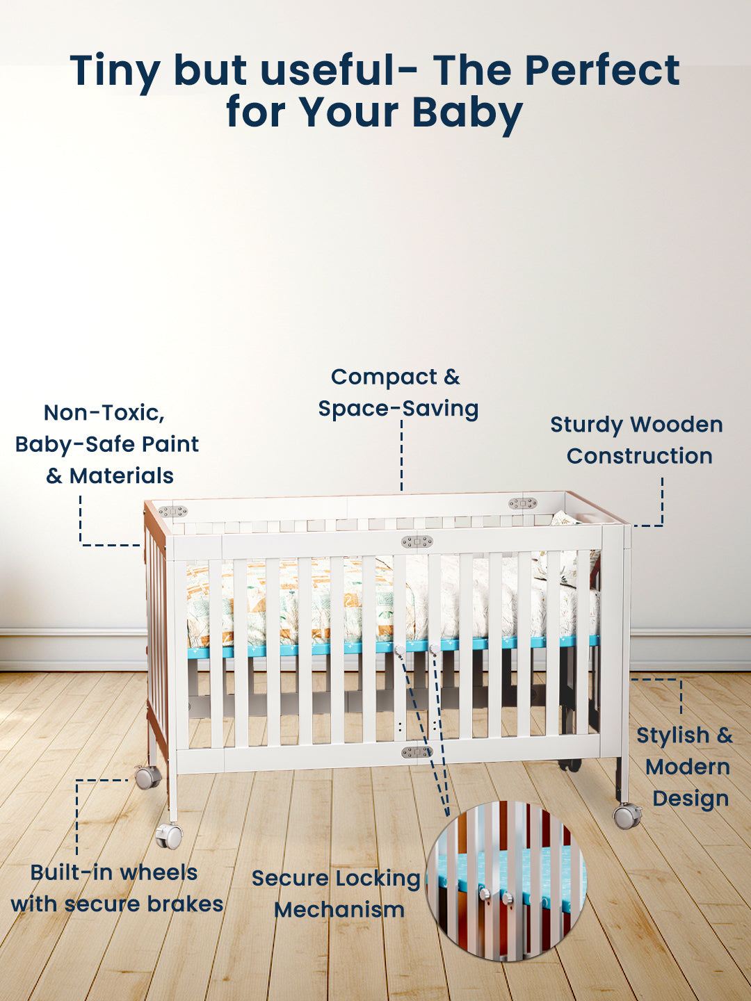 Baby crib with features highlighted on a white background