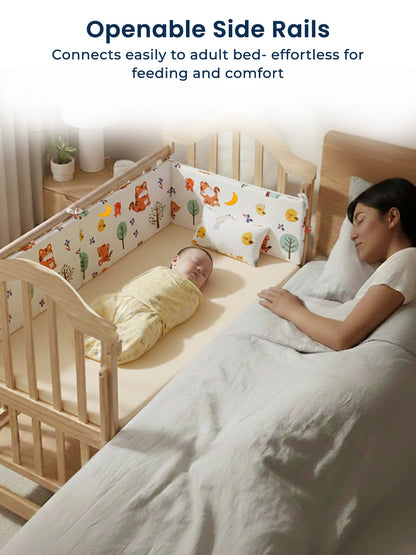 Baby in crib with openable side rails next to a sleeping adult, with text highlighting ease of use.