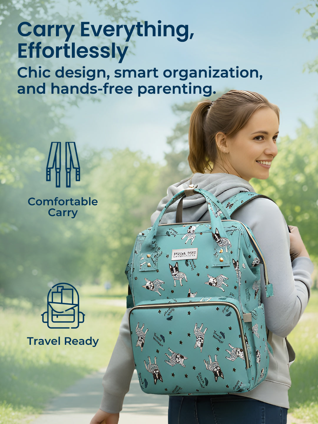 Woman carrying a teal backpack with animal patterns in a park setting, featuring text about the backpack's features.