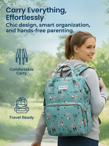 Woman carrying a teal backpack with animal patterns in a park setting, featuring text about the backpack's features.