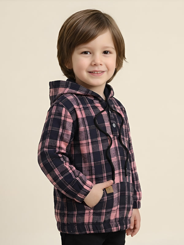 Polka Tots Kids Full Sleeves Checked Hoodie Shirt - Black and Orange