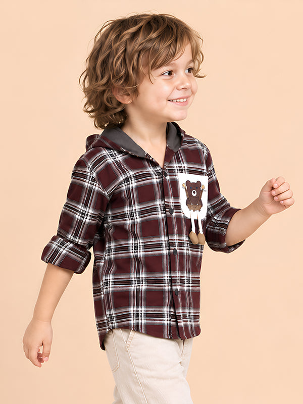 Polka Tots Full Sleeves Teddy Print Shirt - Brown
