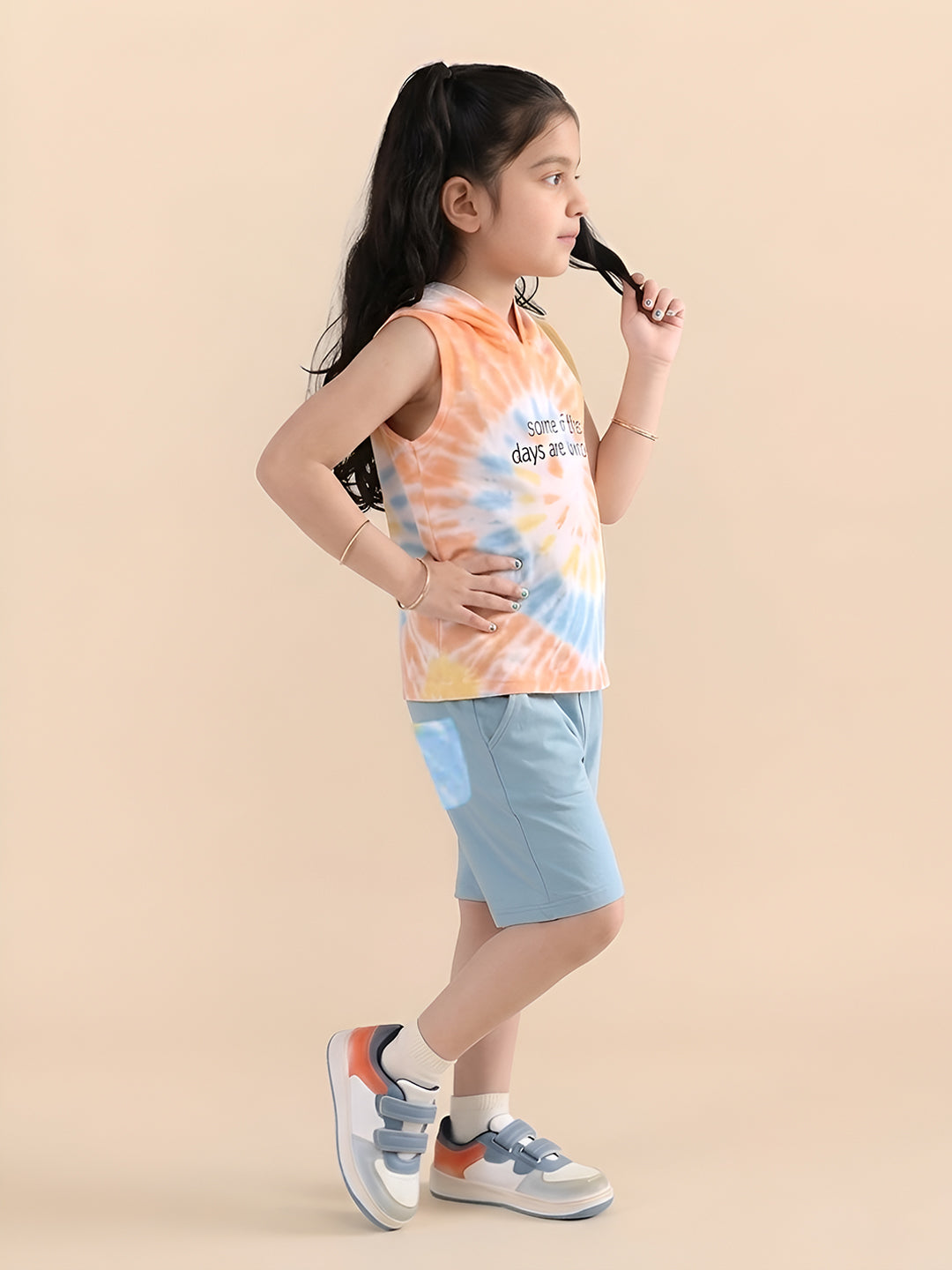 Polka Tots Sleeveless Tie dye print T-Shirt Shorts with attached Hoodie - Multicolor