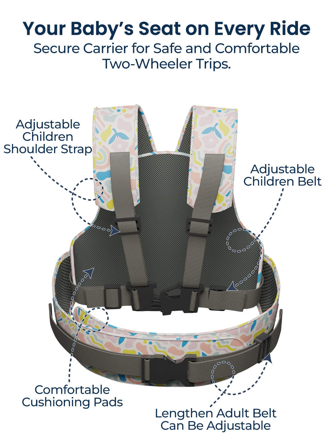 Baby seat carrier with features highlighted on a white background