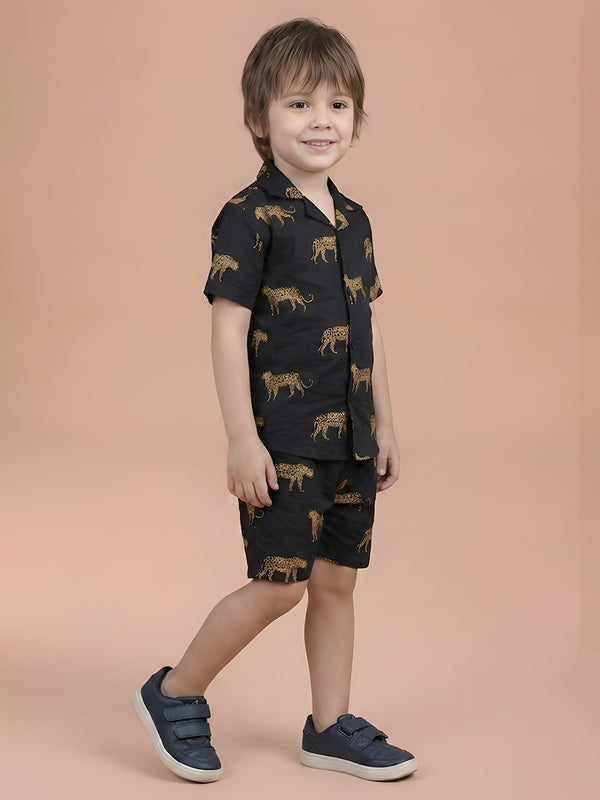 Polka Tots Half Sleeves Leopard print Co-ord Shorts - Black