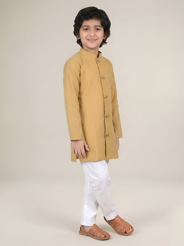 Polka Tots Full Sleeve Boys Geometric Buta Weave Ethnic Kurta Pyjama Set with Wooden Buttons - Mustard Yellow
