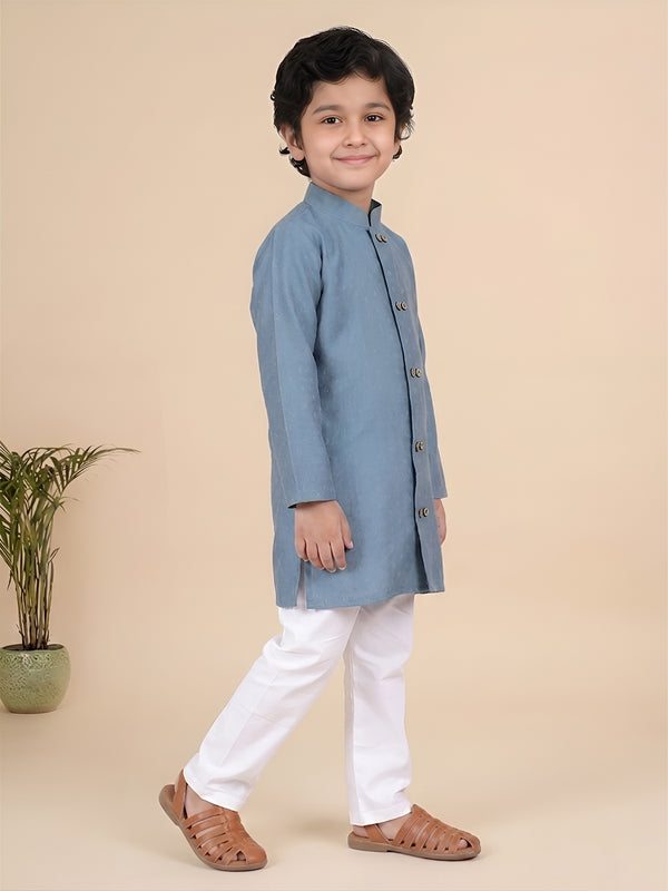 Polka Tots Full Sleeve Boys Geometric Buta Weave Ethnic Kurta Pyjama Set with Wooden Buttons - Blue