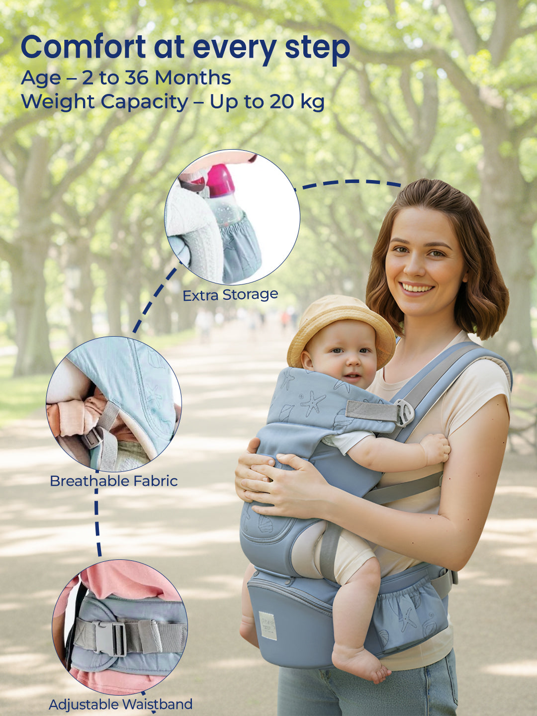 Woman carrying a baby in a blue baby carrier with features highlighted on a blurred outdoor background.