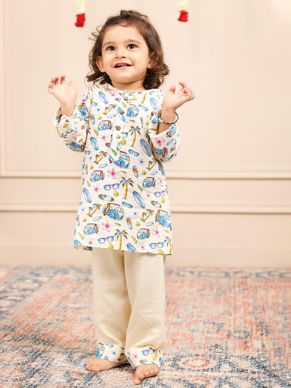 Polka Tots Car Print Full Sleeves Nightwear Kurta pyjama set - Cream