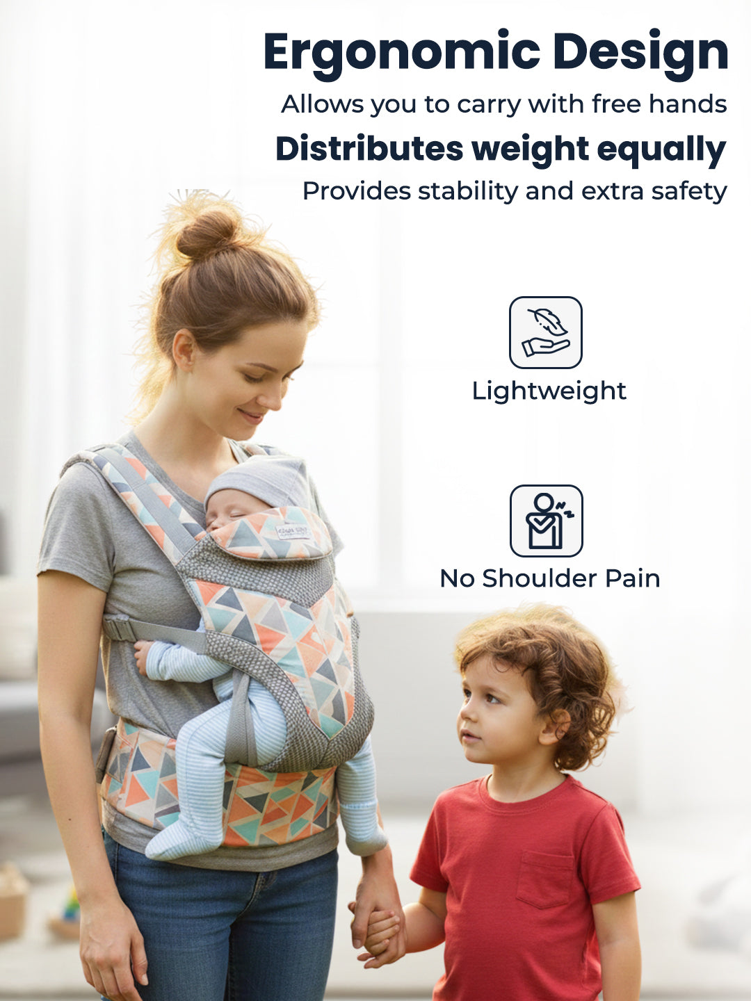 Woman carrying a baby in an ergonomic baby carrier with text highlighting its benefits.
