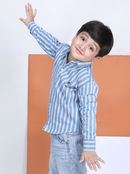 Polka Tots Full Sleeves Cotton Striped Shirt - Blue