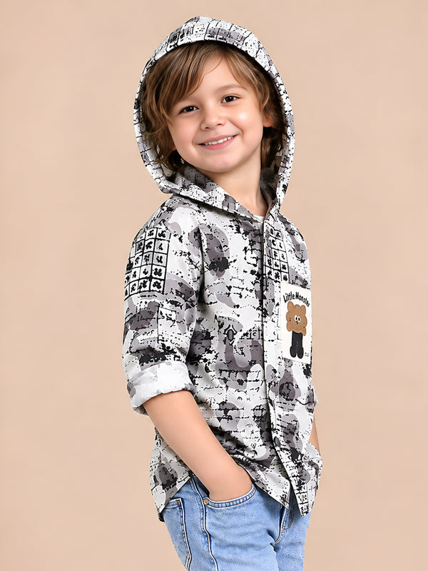 Polka Tots Full Sleeves Abstract Scribble Print Hooded Kids Shirt with Smiley Patch - Cream