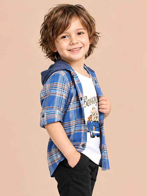 Polka Tots Full Sleeves Bon Voyage print Shirt With Attached Tshirt - Blue