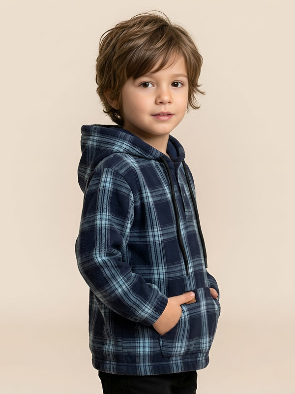 Polka Tots Kids Full Sleeves Checked Hoodie Shirt - Black
