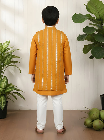 Polka Tots Full Sleeve Ethnic Kurta Pyjama Set with Foil Striped Koti - Orange