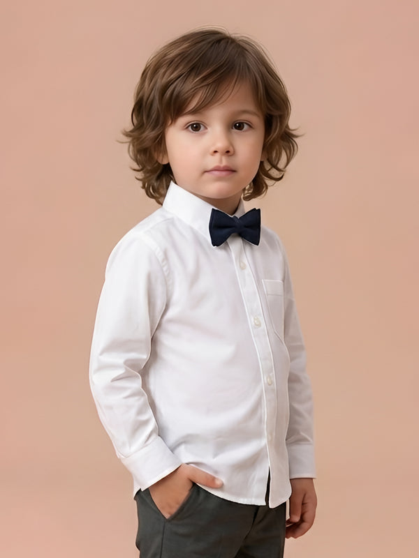 Polka Tots Full Sleeves Cotton Shirt with Bow Tie - White